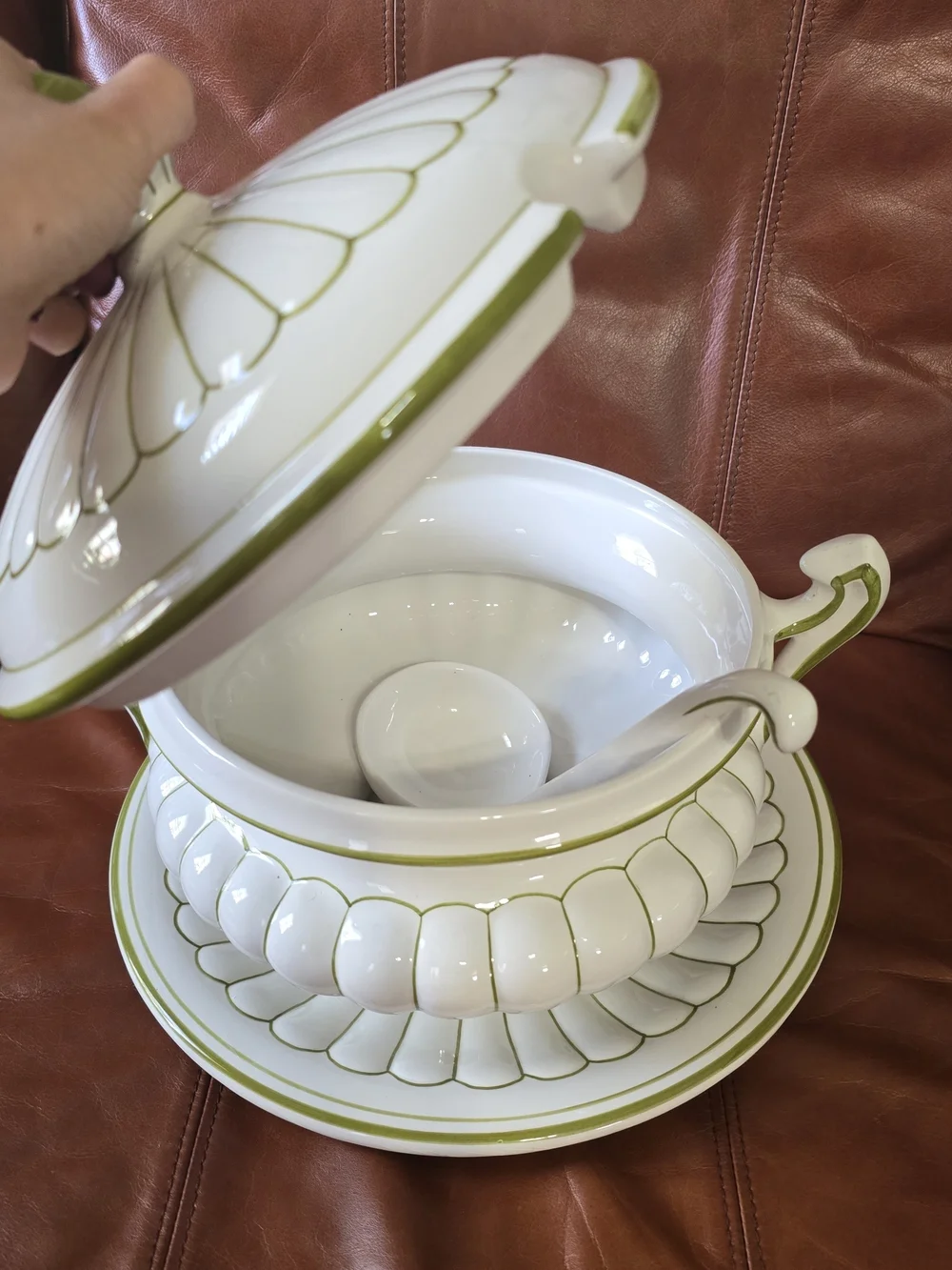 White and Olive Green Lidded Tureen with Underplate